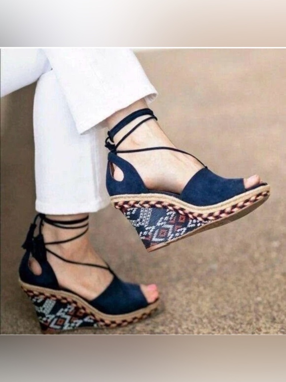 CABI #6001 Isla Wedge Espadrille Summer Sandals 8M Leather Blue Red TieUp Tassel